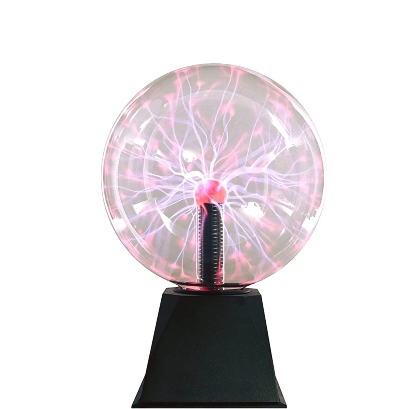 Bola de plasma eléctrica con rayos rosas y base negra.