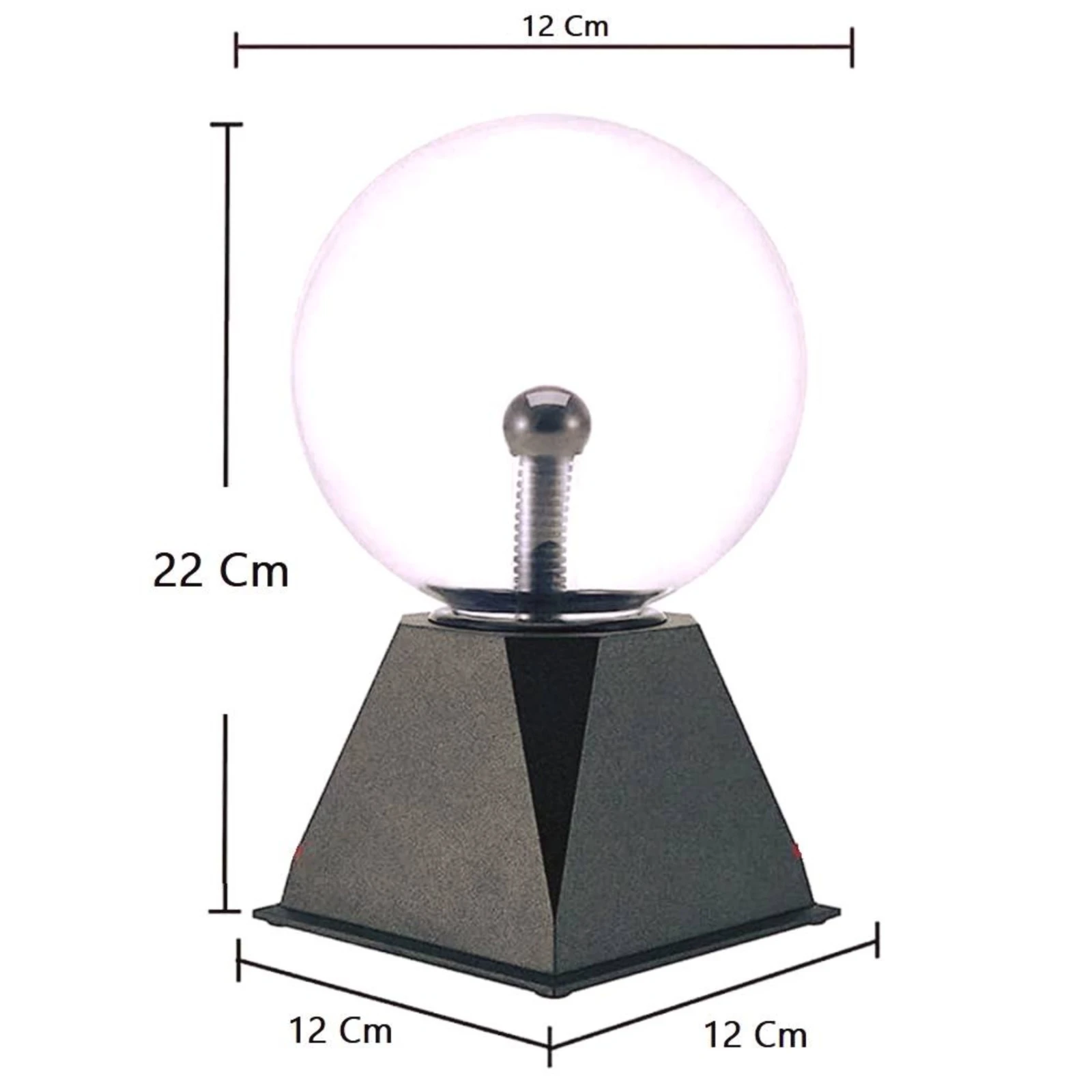 Bola de cristal lámpara Tesla eléctrica con base negra piramidal, medidas 22x12 cm.