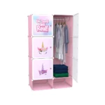 Armario organizador infantil rosa con unicornios. Incluye compartimentos para ropa colgada y doblada.
