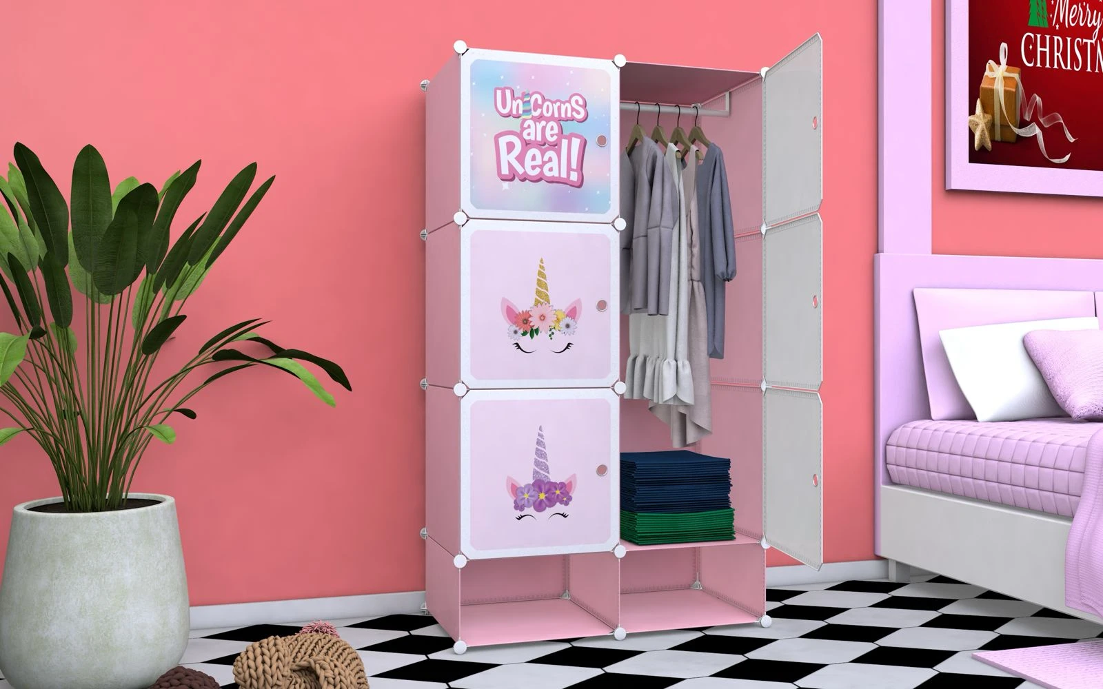Armario organizador rosa infantil con diseño de unicornios, 3 cubos con ropa y un set de mantas apiladas.