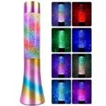 Lámpara de mesa tornado LED multicolor con base iridiscente y pequeños brillos.