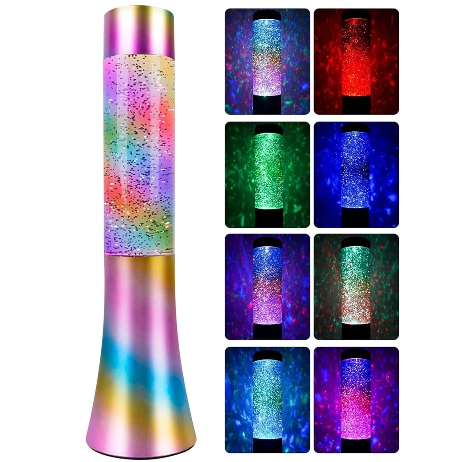 Lámpara de mesa tornado LED multicolor con base iridiscente y pequeños brillos.