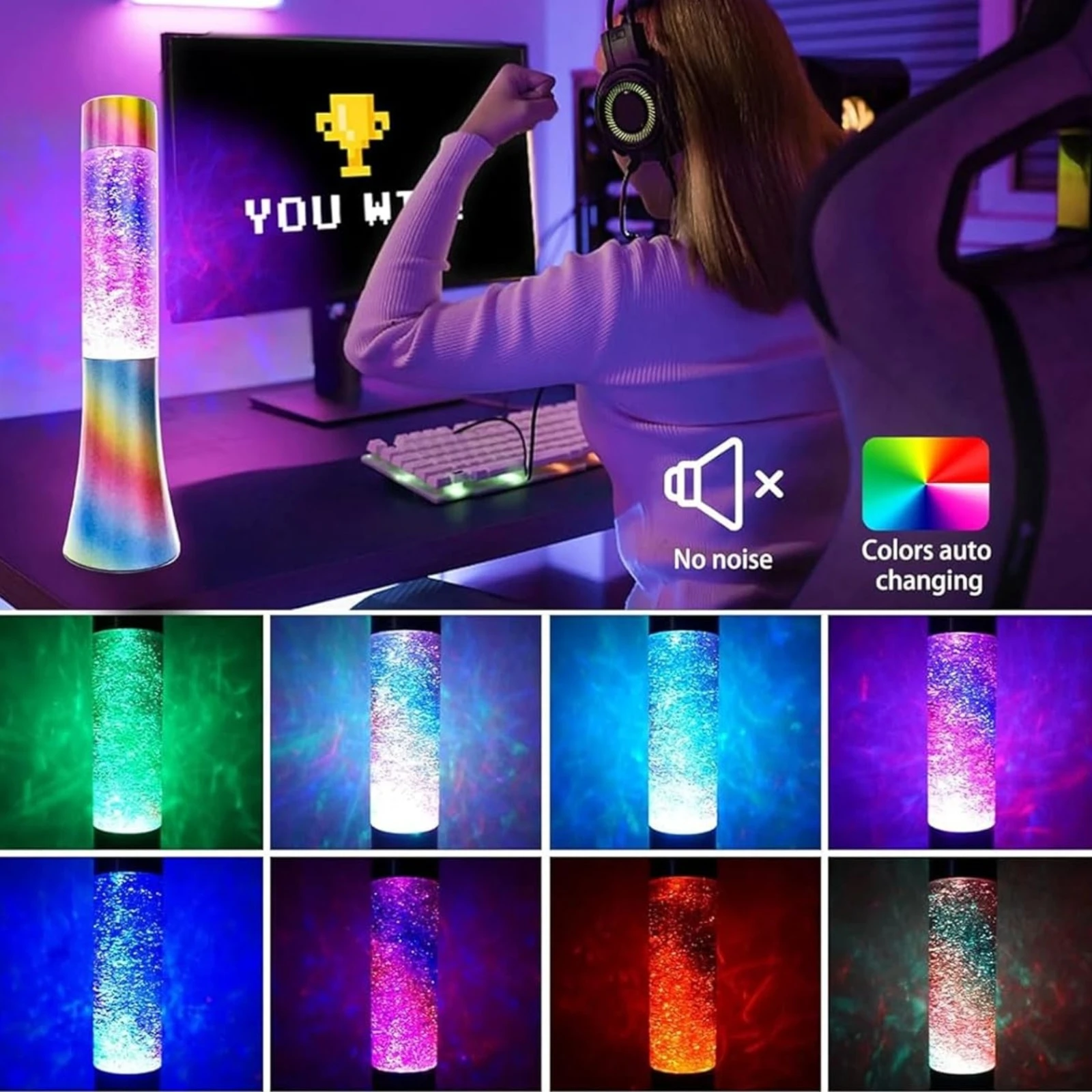 Lámpara Tornado LED con burbujas y luces de colores cambiantes, ideal para escritorio.