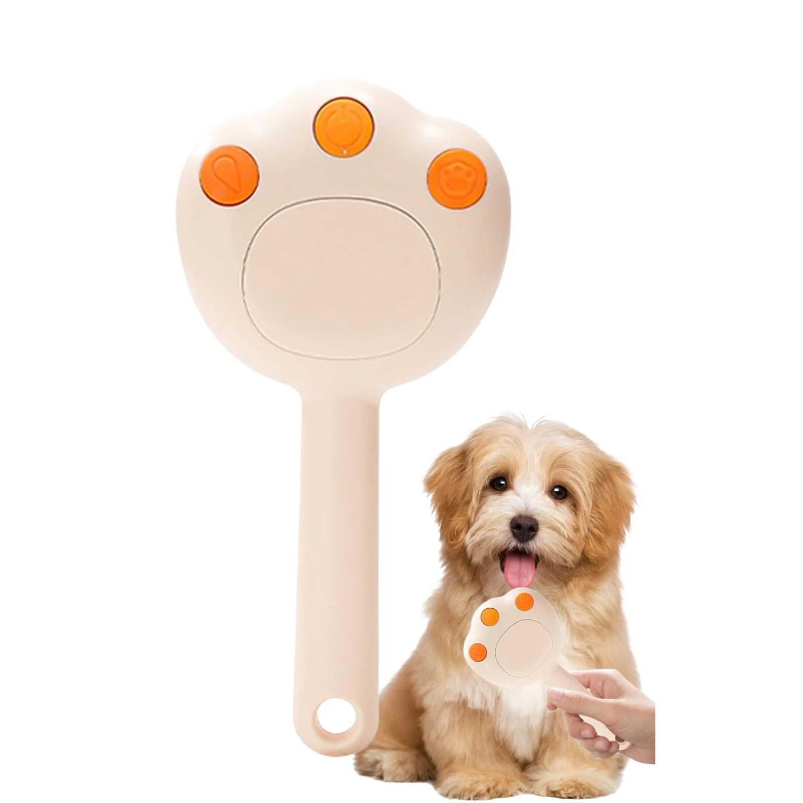 Cepillo vapor para mascotas en forma de pata beige con detalles naranjas, un perro sentado lo observa.