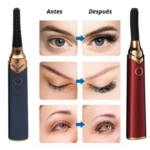 Encrespador viral eléctrico de pestañas en azul y rojo, con demostración de uso "antes y después" en tres fotos comparativas.