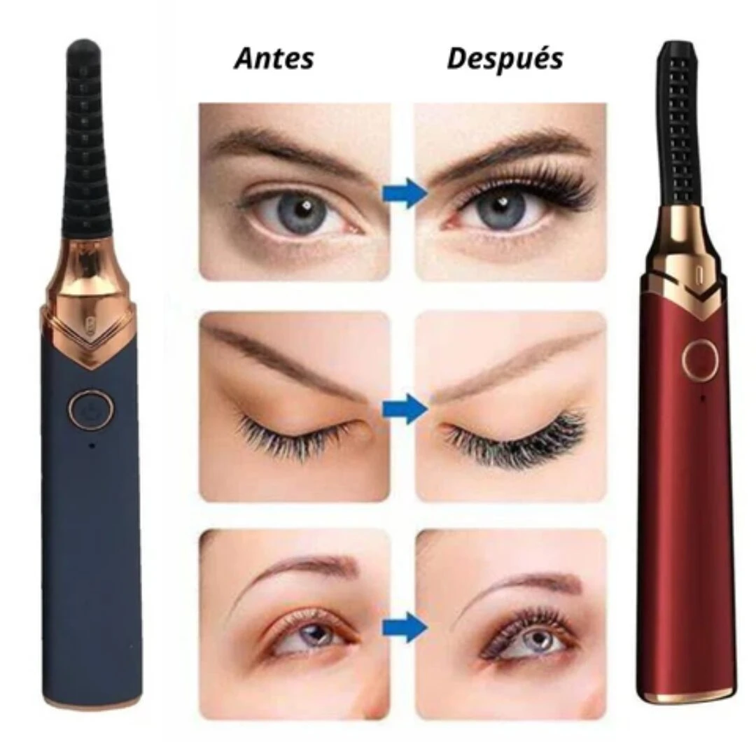 Encrespador viral eléctrico de pestañas en azul y rojo, con demostración de uso "antes y después" en tres fotos comparativas.