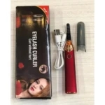 Encrespador viral eléctrico rojo metálico, carga USB, con estuche protector y caja del producto.