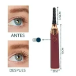 Encrespador eléctrico de pestañas, antes y después, con medidores de tamaño y switch ON/OFF.