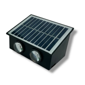 Lámpara exterior solar negra, con panel fotovoltaico y dos luces LED frontales.