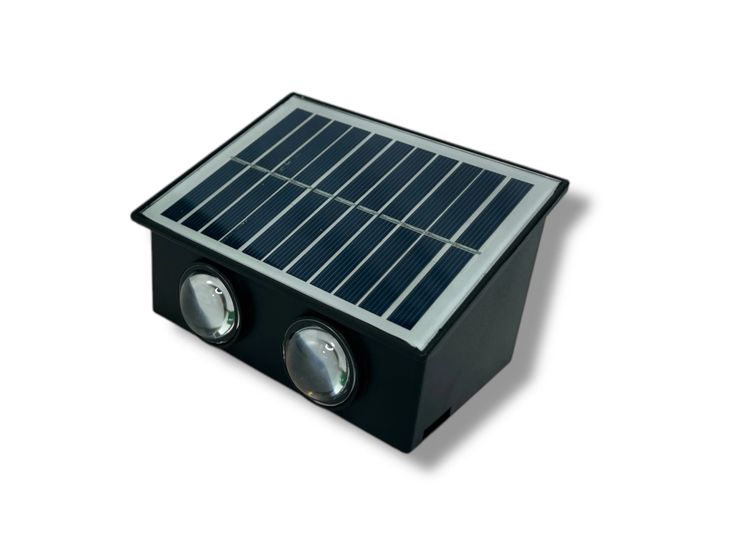 Lámpara exterior solar negra, con panel fotovoltaico y dos luces LED frontales.