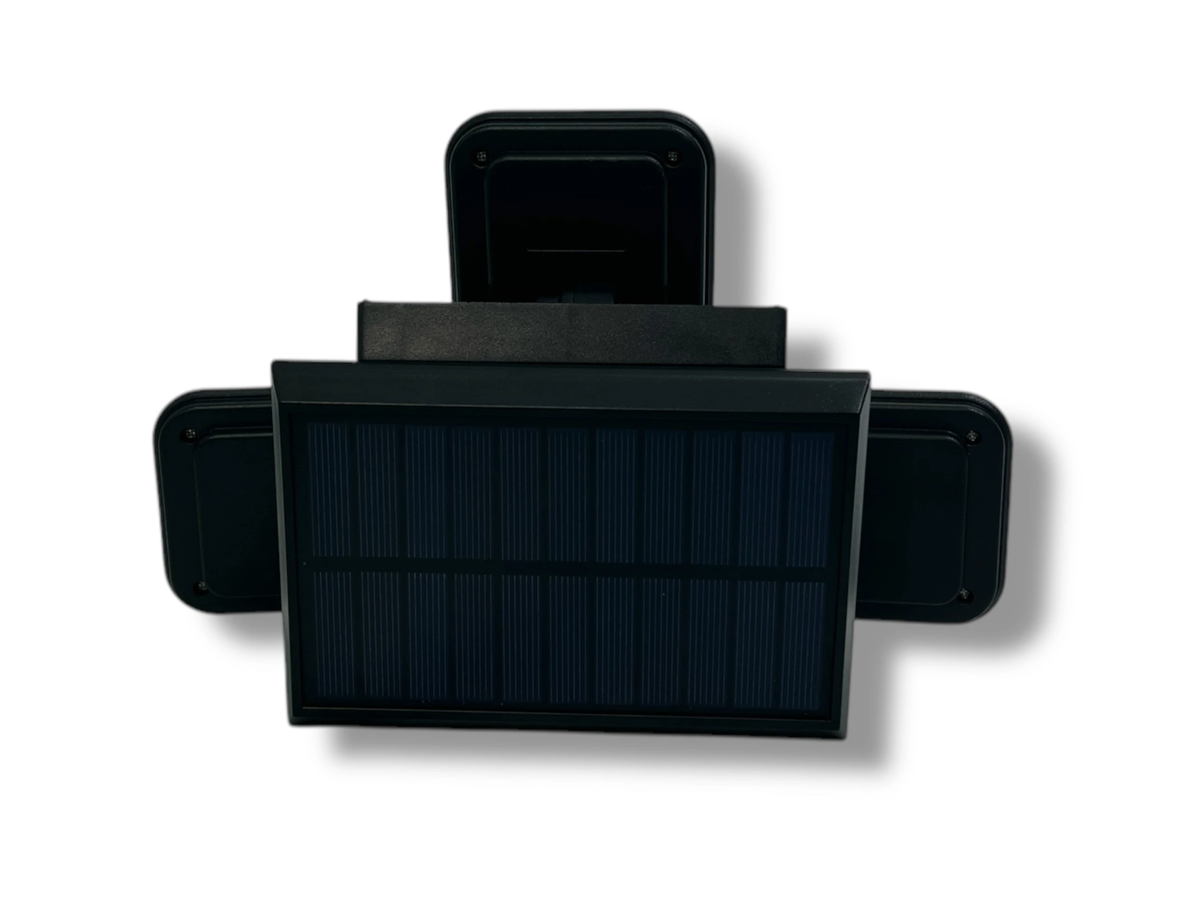 Lámpara solar negra con dos luces laterales, panel solar frontal y sensor de movimiento.