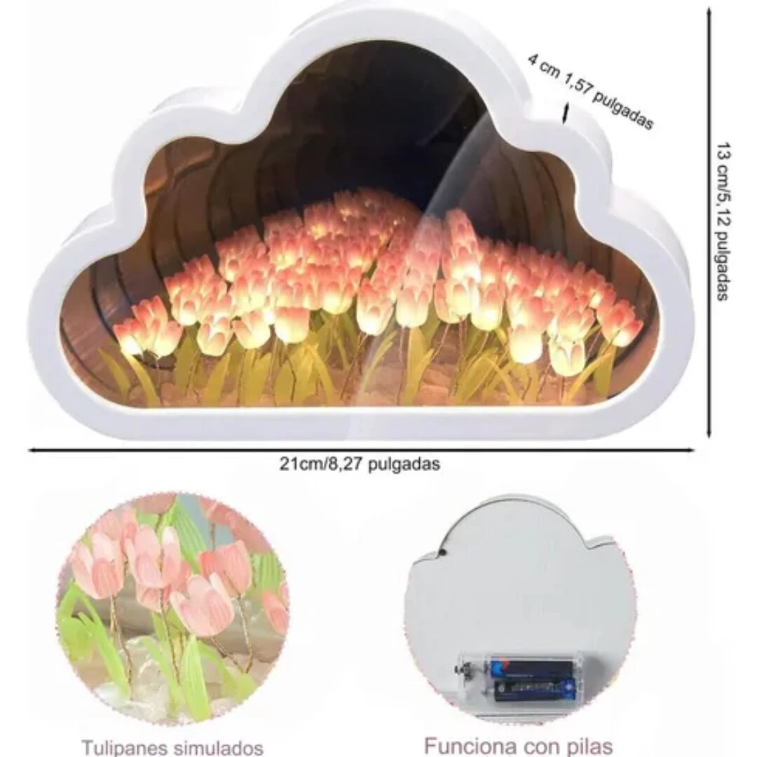 Lámpara nube con tulipanes simulados iluminados. Medidas 21x13 cm.