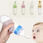 Cuchara dispensadora de silicona para bebé, ideal para papillas y alimentos blandos.