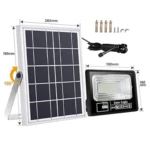 Lámpara solar 100W con panel ajustable e iluminación LED, incluye accesorios de montaje.