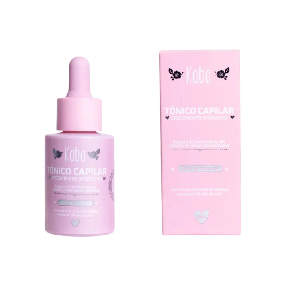 Tónico capilar Kaba rosa con gotero, crecimiento intensivo, caja a juego con texto.
