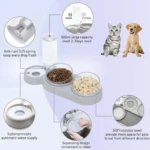 Comedero y bebedero gris para mascotas, capacidad 500ml, con sifón automático y cuencos rotatorios.