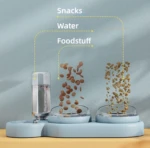 Comedero doble automático azul claro para mascotas con dispensador de agua y caída simulada de snacks y pienso en cuencos inclinados.