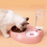 Gato siamés come croquetas de tazón metálico en comedero bebedero automático individual color rosa.