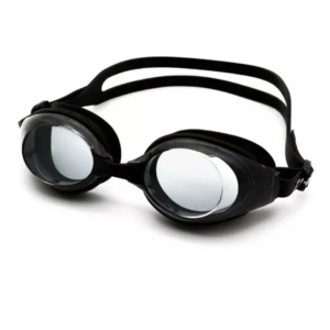 Gafas de natación negras con lentes espejados y recubrimiento protector, vistas frontalmente sobre fondo blanco.
