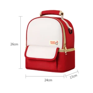 Pañalera térmica 3 en 1 roja y blanca con compartimentos, ideal para alimentos frescos. Medidas 26x24x17cm.