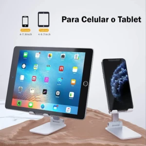Soporte ajustable plateado para celular y tableta (4-9.7 pulgadas) sobre superficie texturizada.