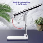 Soporte ajustable para celular en blanco y plateado, mostrando rango de visión de 0 a 72 grados sobre escritorio con plantas.