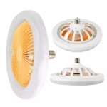 Lámpara ventilador de techo 2 en 1, diseño moderno ovalado blanco con aspas naranjas y base para bombilla.