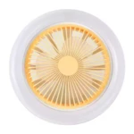 Lámpara ventilador de techo con aspas amarillas y luz blanca circular.