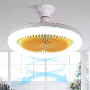Lámpara ventilador de techo blanco con luz LED circular y aspas amarillas en espiral, ideal para refrescar ambientes.