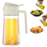 Dispensador de aceite de vidrio con tapa cremosa, ideal para aderezar ensaladas y pollos.