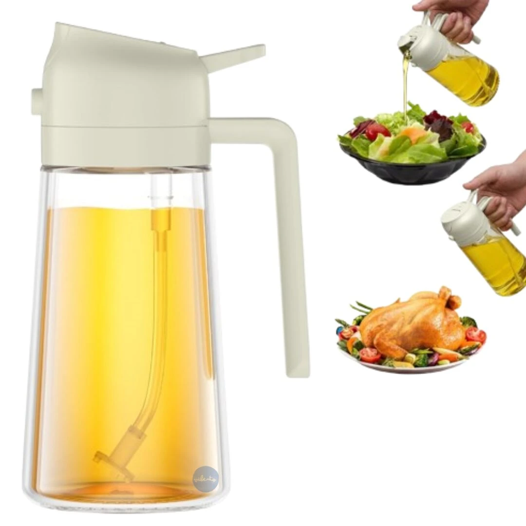 Dispensador de aceite de vidrio con tapa cremosa, ideal para aderezar ensaladas y pollos.