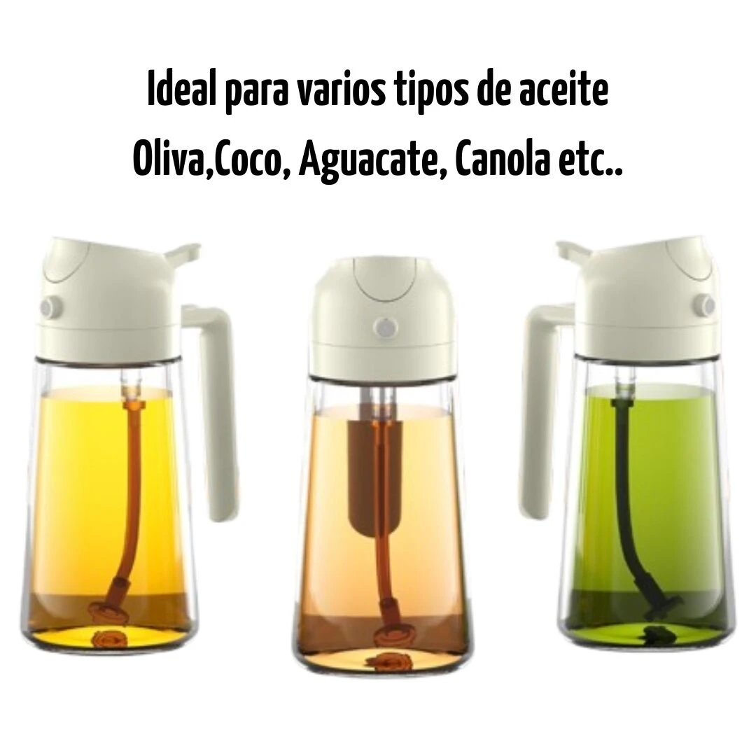 Dispensadores de aceite con dosificador, uno amarillo y otro verde, ideales para varios tipos de aceite.