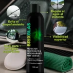 Brixglas: protector y antiempañante automotriz para vidrios, repele agua y mejora visibilidad. Botella 120ml.