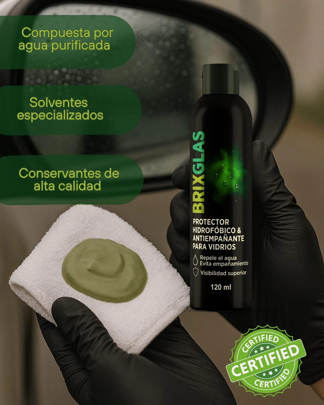 Protector hidrofóbico y antiempañante Brixglas para vidrios, 120 ml, en presentación de set x2.