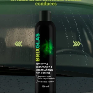 Bote negro Brixglas protector hidrofóbico y antiempañante para vidrios de auto. 120 ml.
