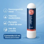 Inhalador nasal azul y blanco para descongestión, con vapor medicinal, portátil, para día y noche. Contenido 0.5 ml.