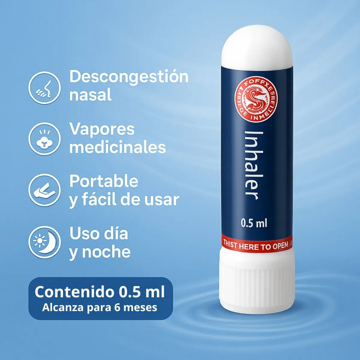 Inhalador nasal azul y blanco para descongestión, con vapor medicinal, portátil, para día y noche. Contenido 0.5 ml.