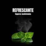 Inhalador nasal refrescante con vapor de menta medicinal y hojas verdes sobre fondo negro.