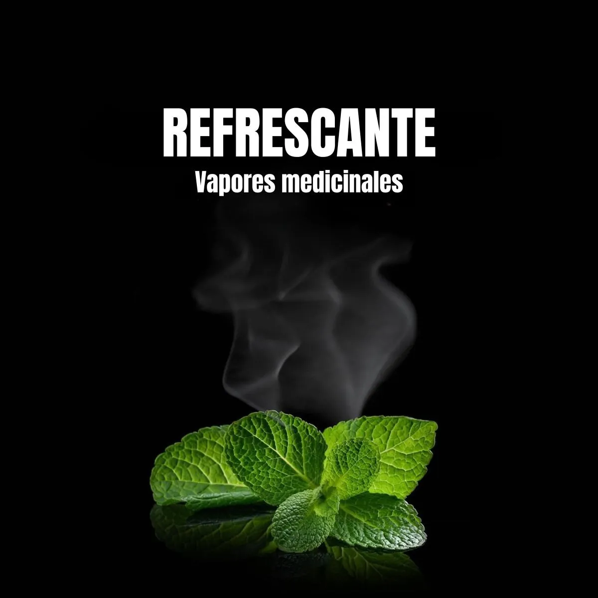 Inhalador nasal refrescante con vapor de menta medicinal y hojas verdes sobre fondo negro.
