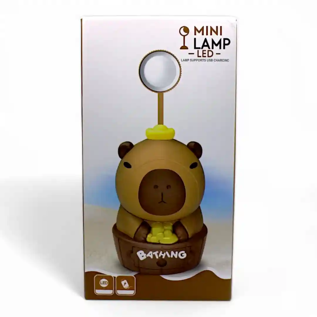 Lámpara LED mini capybara marrón, diseño de baño, con carga USB.