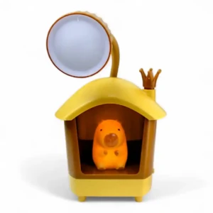 Lámpara de escritorio capybara amarillo con corona, luz interior cálida y brazo ajustable.