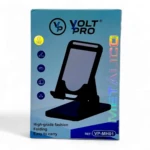 Soporte plegable metálico Volt Pro VP-MH01, color negro, para celular, descripción en empaque azul claro.