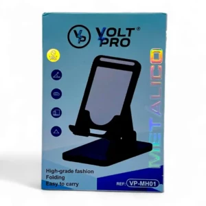 Soporte plegable metálico Volt Pro VP-MH01, color negro, para celular, descripción en empaque azul claro.