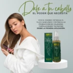 Mujer con bata blanca cepillando cabello sedoso junto a empaque y spray Ouhoe Natural Herbs 100 ml con extracto de ginseng.