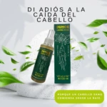 Spray anticaída Ouhoe Natural Herbs 100 ml, verde oscuro, con raíz de ginseng dibujada, flotando sobre base blanca con hojas verdes.