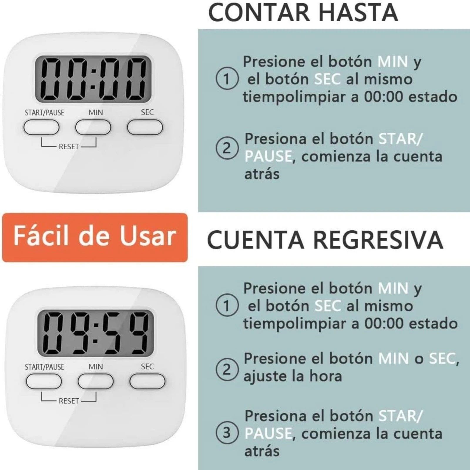 Timer digital blanco mostrando instrucciones para contar hasta y cuenta regresiva. Botones START/PAUSE, MIN, SEC.