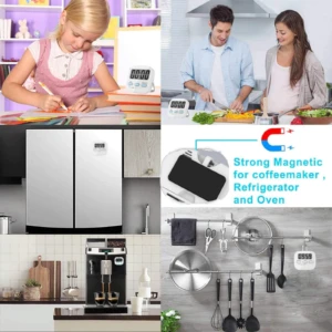 Timer digital blanco magnético con pantalla 09:59 en uso en cocina, nevera, estudio y colgando utensilios.