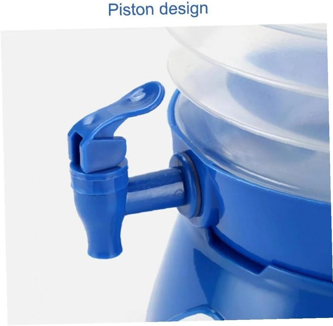 Dispensador de bebidas azul con grifo, ideal para camping y picnics, diseño plegable.
