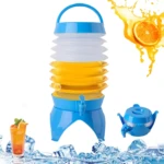 Dispensador de bebidas plegable azul y amarillo de 3.5L, con grifo, ideal para fiestas y exteriores.