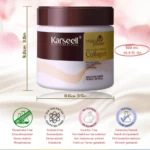 Tratamiento capilar de colágeno Karseell de 500ml, en envase cilíndrico de 9.2x8.6cm, con sellos de producto libre de sulfatos, fosfatos y crueldad animal.